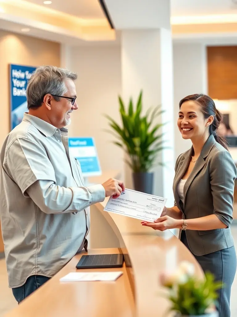 A homeowner handing over a check to a bank teller to reinstate their loan, symbolizing the act of bringing the loan current.