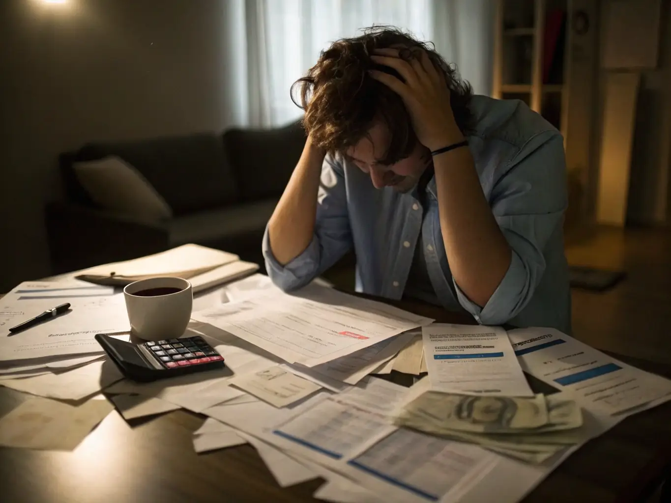 A person looking stressed surrounded by credit card bills, representing debt consolidation refinancing.