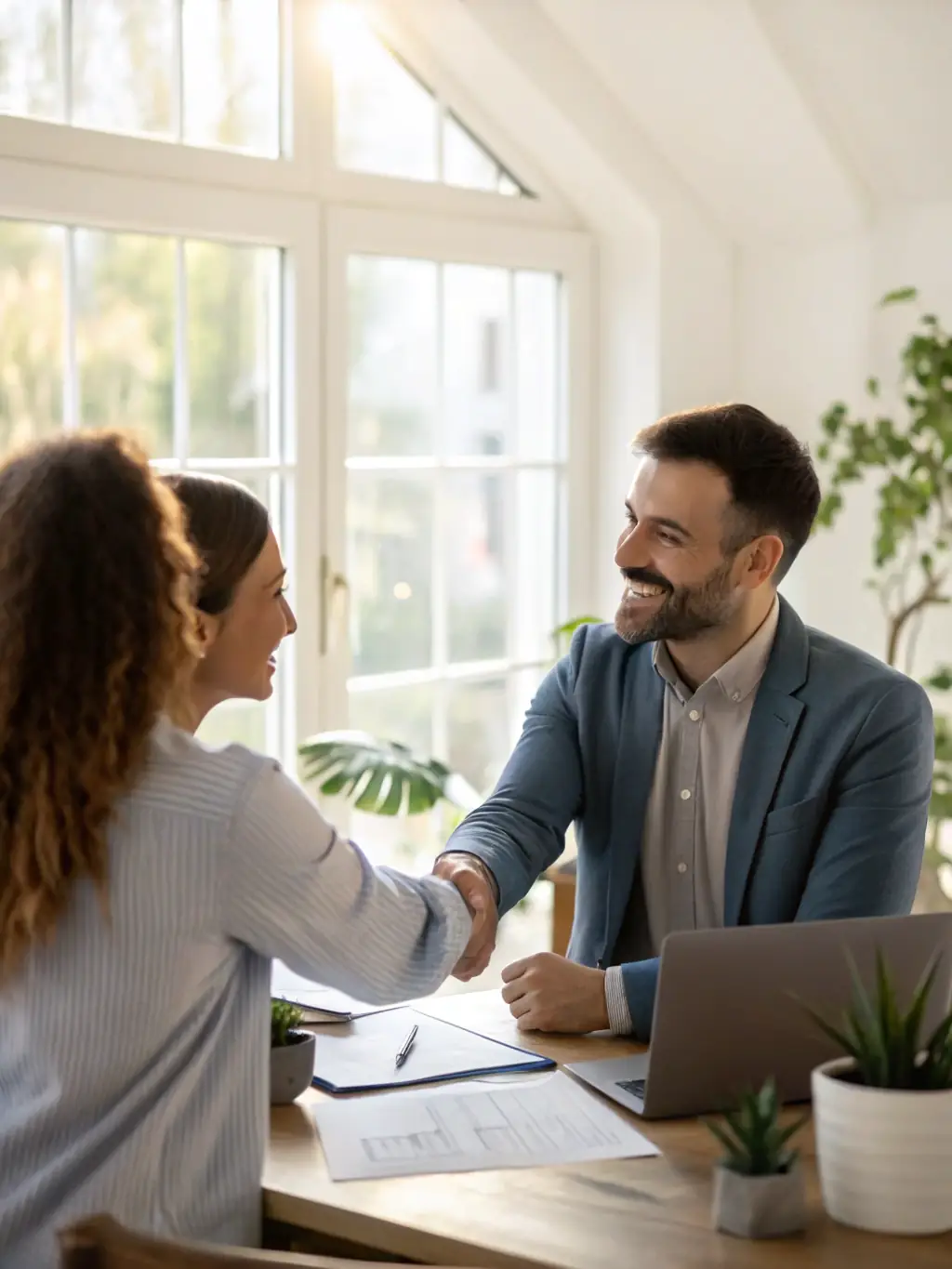 A homeowner and a bank representative shaking hands after agreeing on a repayment plan, set in a modern office environment.