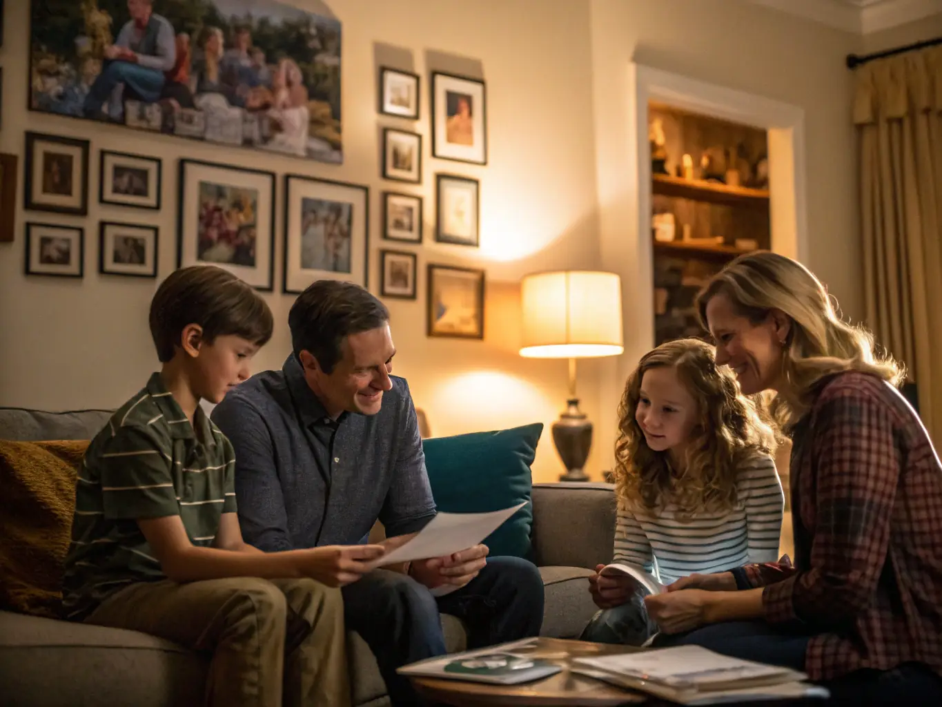 A modern home interior with a family happily discussing finances at a table, representing cash-out refinancing.