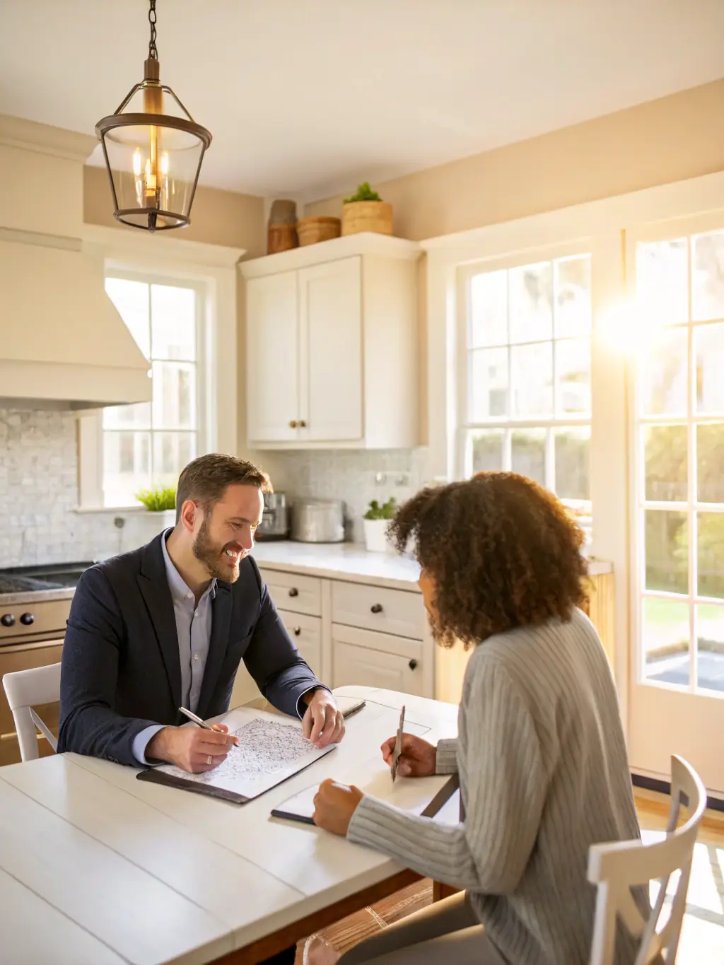 A professional real estate agent advising a homeowner on loan modification options at a kitchen table, with documents spread out and a calculator visible.
